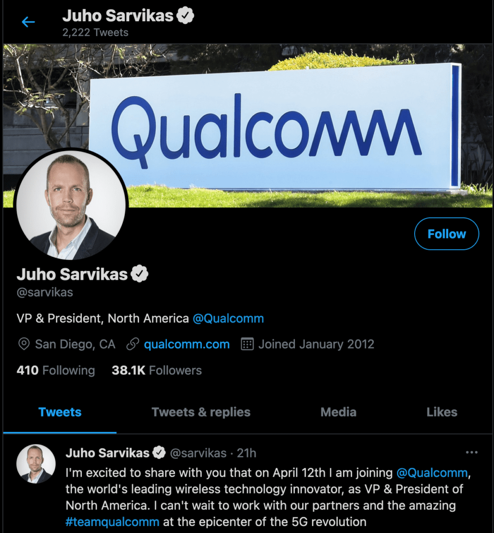 juho sarvikas joined qualcomm ex nokia techweu