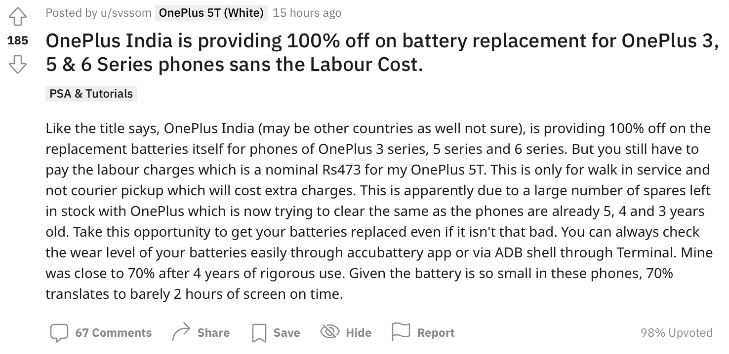 Free Battery Replacement for OnePlus 3, 5, 5T, 6, or 6T battery replacement in India, Do you own one?