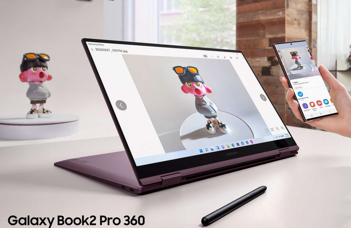 EMBARGO 27.02 19:00 CET - Samsung's Galaxy Book2 Pro, Pro 360</p>
<p>The 13.3-inch model features an island-style backlit keyboard, while the 15.6-inch includes a numpad. There’s a fingerprint scanner on the power key.</p>
<p>There’s a FullHD 1080p camera and a dual array microphone. For audio, the 13.3-inch model uses two 4W speakers that are tuned by AKG, while the bigger laptop employs two 5W speakers. There’s Wi- Fi 6 support, but no 5G option.</p>
<p>The 2-in-1 PC is available in three colors – Silver, Graphite, and Burgundy. It starts at $1,250 with Core i5, 8GB RAM and 256GB storage and will hit the shelves in April.</p>
<p>Moving on to the Galaxy Book2 Pro. It shares the display size, resolution, and battery capacities of the 360 ​​models.</p>
<p>Because of the simpler hinge weight is considerably lower – the 13.3-inch model is just 0.87kg, while the 15.6-inch is 1.11kg without a GPU, and 1.17kg with a GPU.</p>
<p>The discrete GPU would be Intel’s ARC, replacing t  he NVIDIA RTX 3050 in last year’s larger model.</p>
<p> <img class=