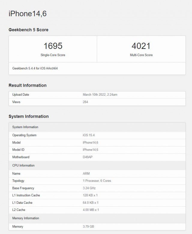iPhone SE (2022) scorecard on Geekbench
