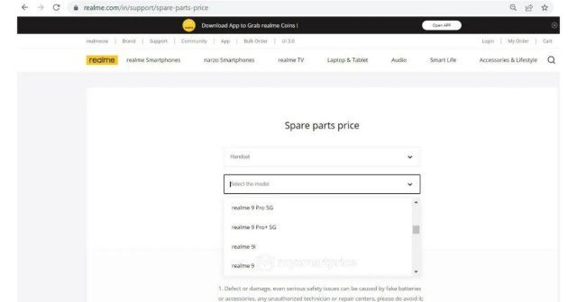 Realme 9 (4G) appears in list on the company's official site
