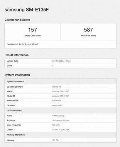 Samsung Galaxy F13 Geekbench scorecard